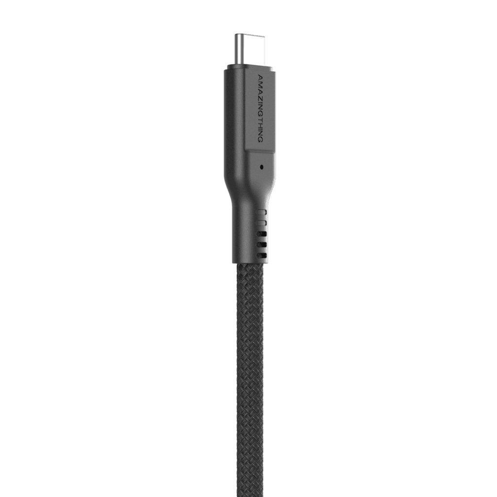 Black braided cable with USB-C connector on a transparent background