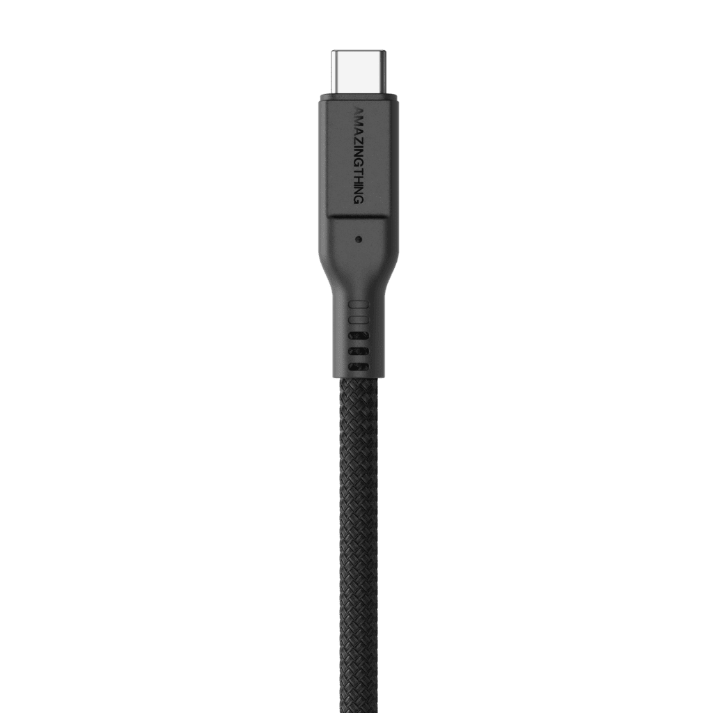 Black USB cable with braided design on a transparent background