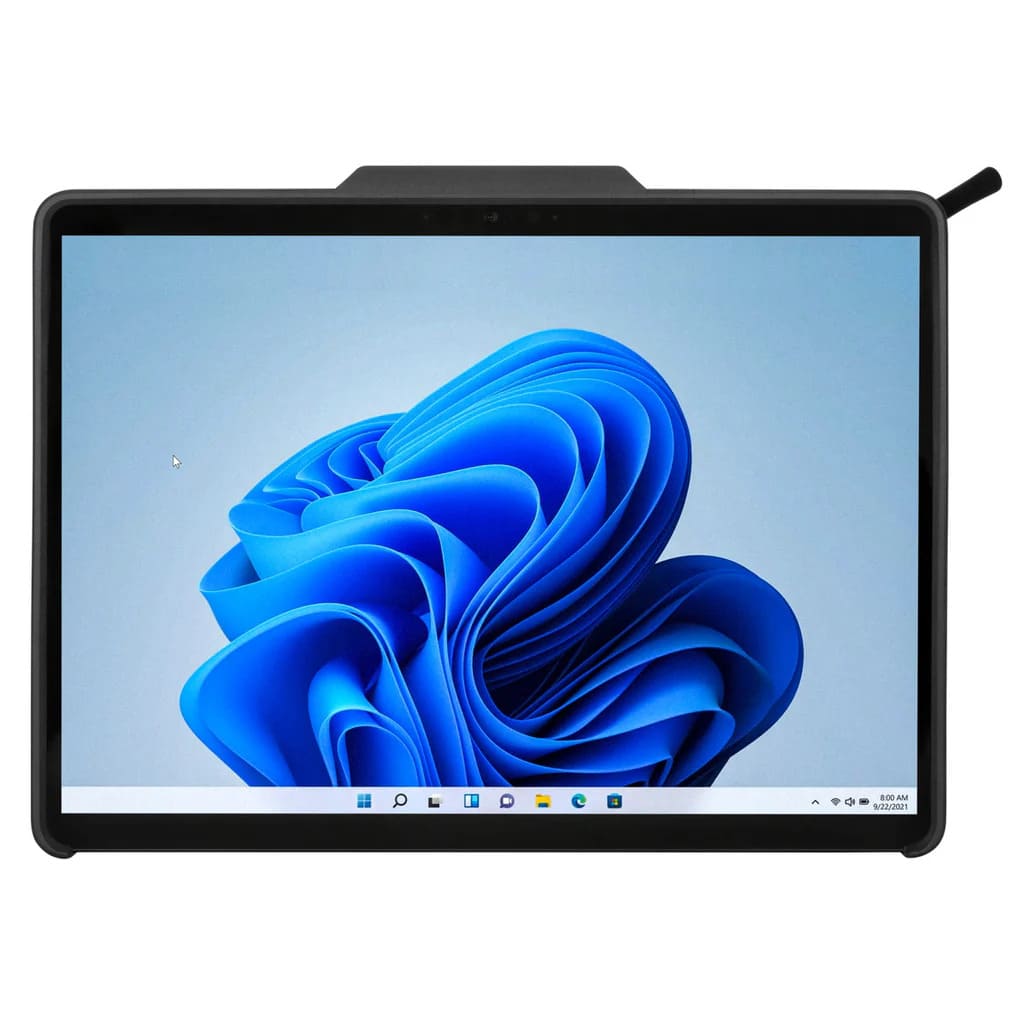 Tablet with a blue abstract design on the screen against a white background