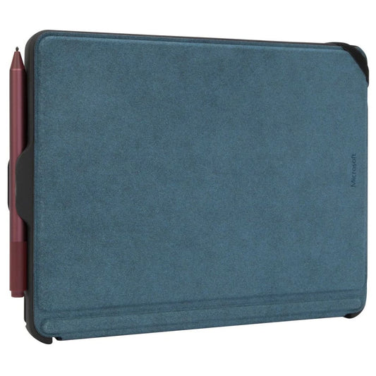 Blue tablet sleeve with a pen holder on a white background