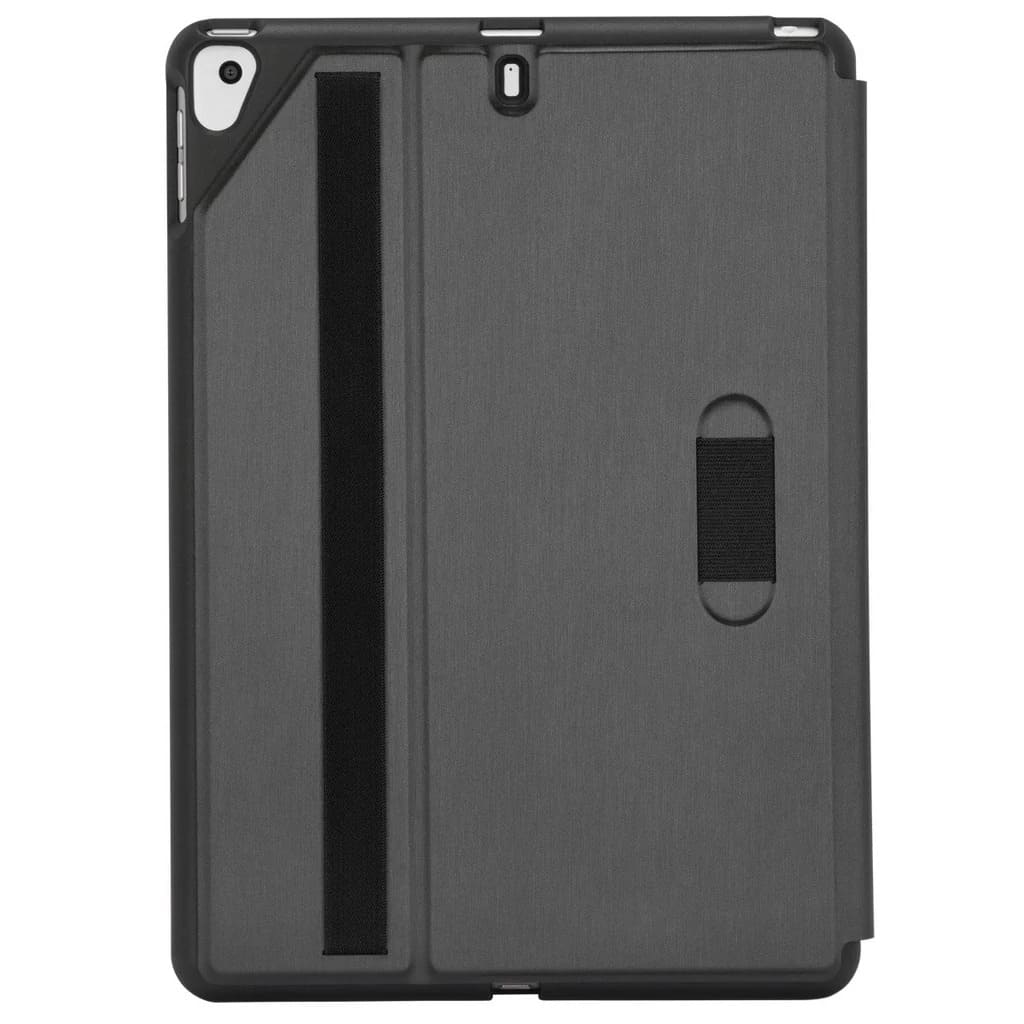 Black tablet case with a stand feature on a white background