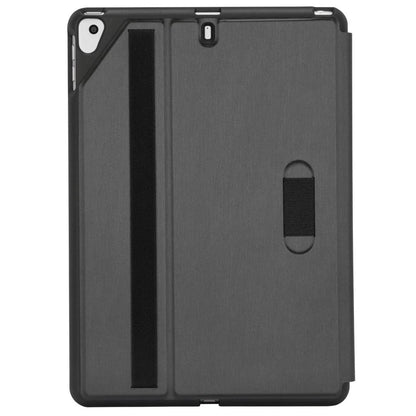 Black tablet case with a stand feature on a white background