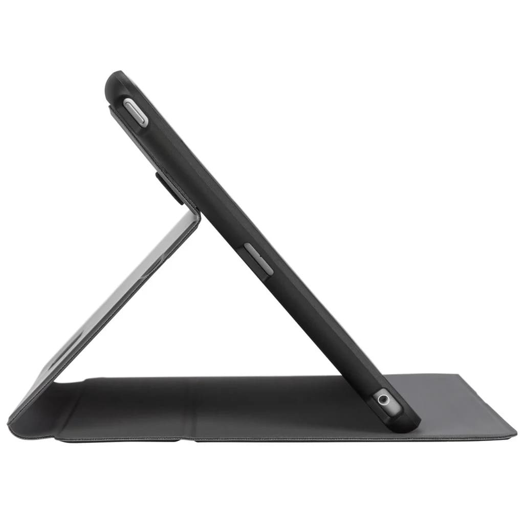 Black tablet case with a stand feature on a white background