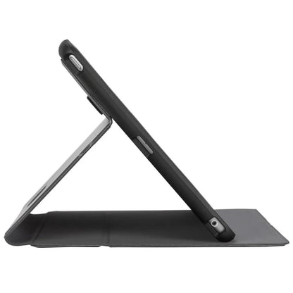 Black tablet case with a stand feature on a white background