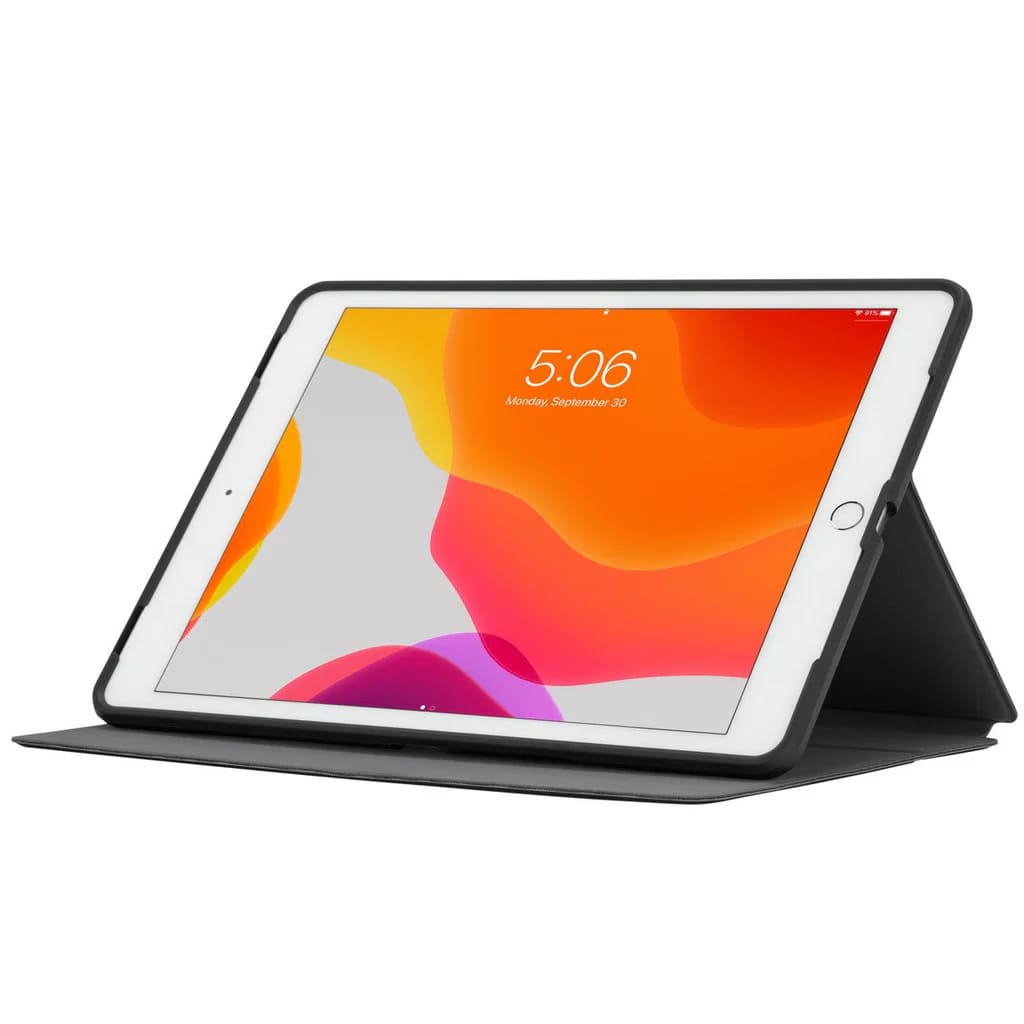 Tablet with a colorful display inside a black folio case on a white background