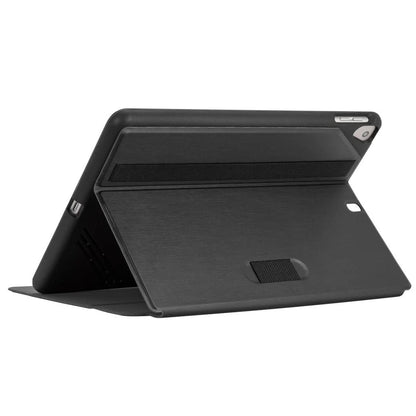 Black tablet case with a stand feature on a white background