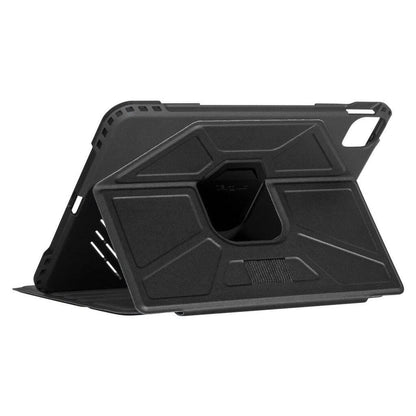 Black tablet case with a stand feature on a white background