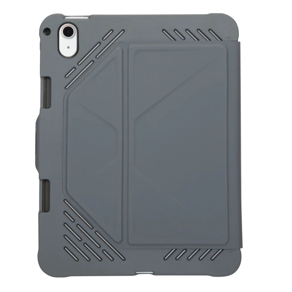 Gray tablet case with textured design on a white background
