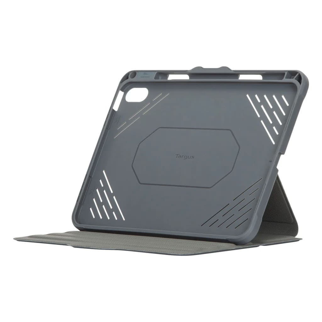 Gray tablet case with a stand on a white background