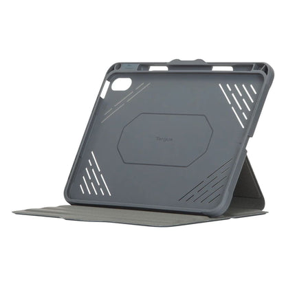 Gray tablet case with a stand on a white background