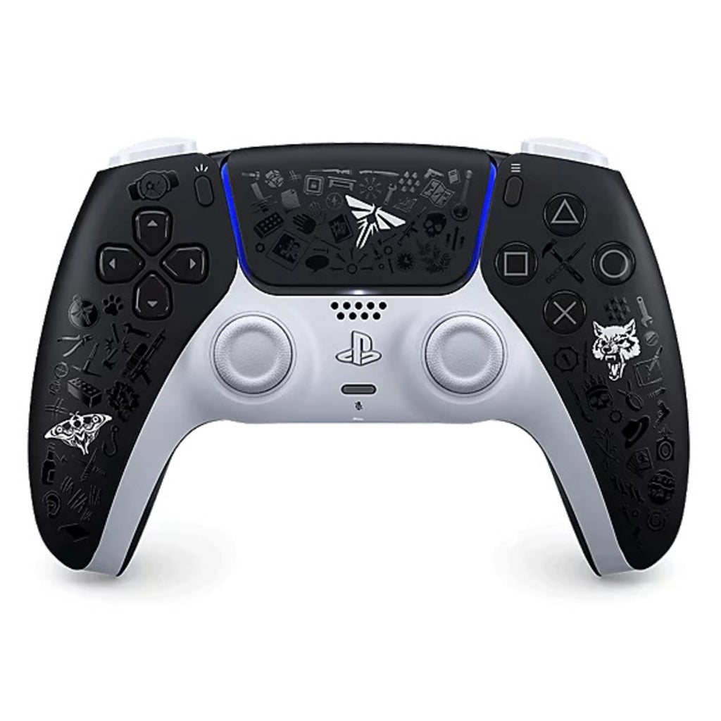 Black and gray gaming controller with PlayStation logo on a white background