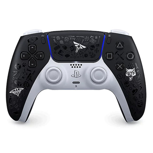 Black and gray gaming controller with PlayStation logo on a white background