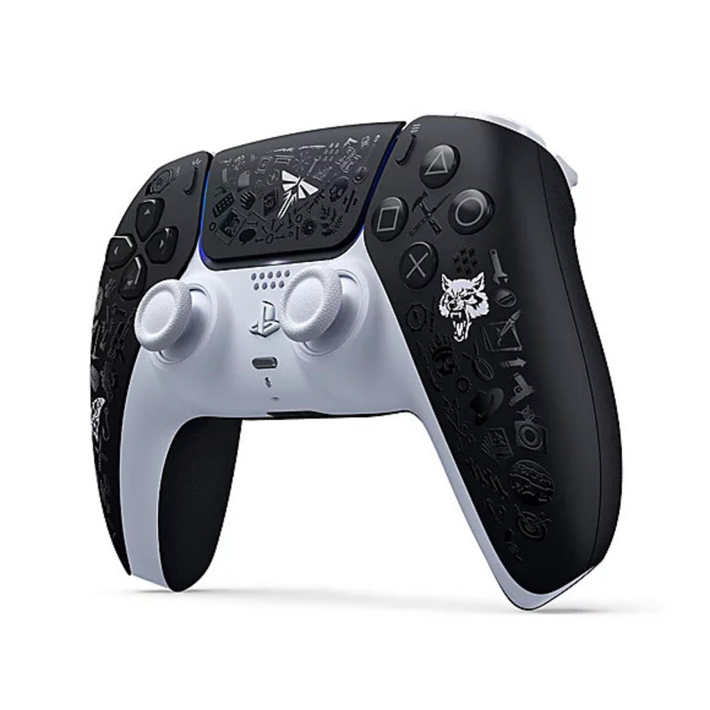 Gaming controller with black and white design on a white background