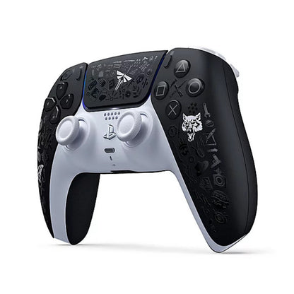Gaming controller with black and white design on a white background