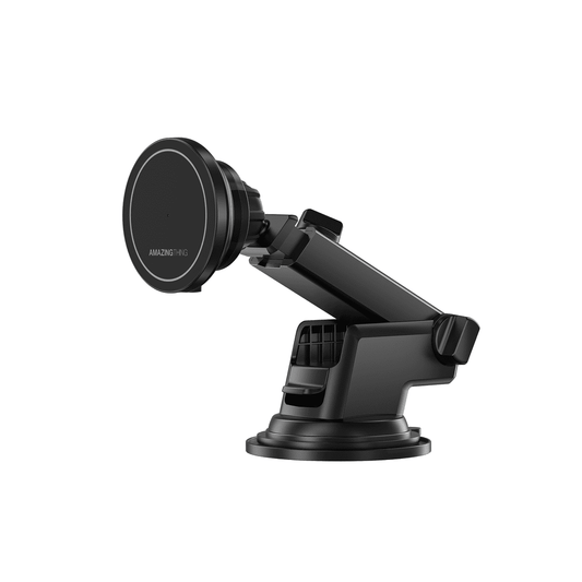 Black car phone holder with magnetic suction cup on a white background