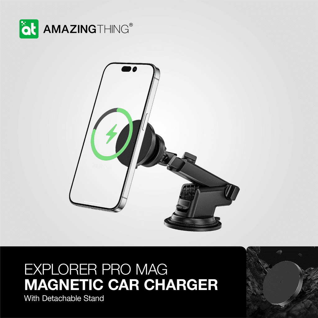 Magnetic car charger with phone holder on a gray background, featuring the Amazing Thing brand.
