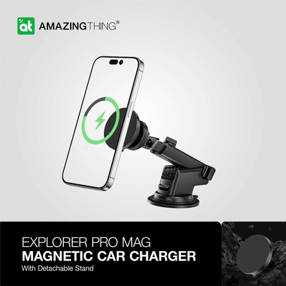 Magnetic car charger with phone holder on a gray background, featuring the Amazing Thing brand.