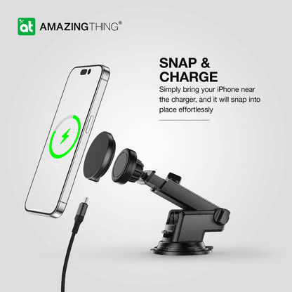 Phone charging stand with magnetic attachment and 'Amazing Thing' branding on a light gray background