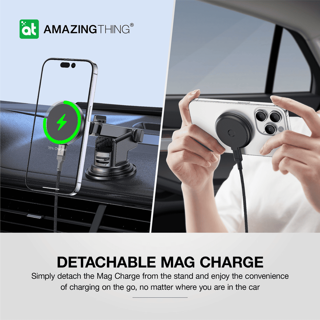 Car mount with detachable mag charge feature, shown in use inside a car.