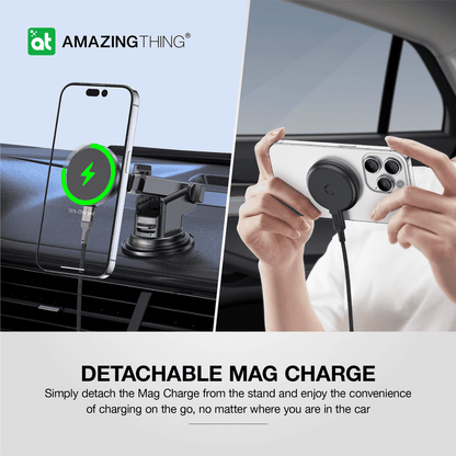 Car mount with detachable mag charge feature, shown in use inside a car.