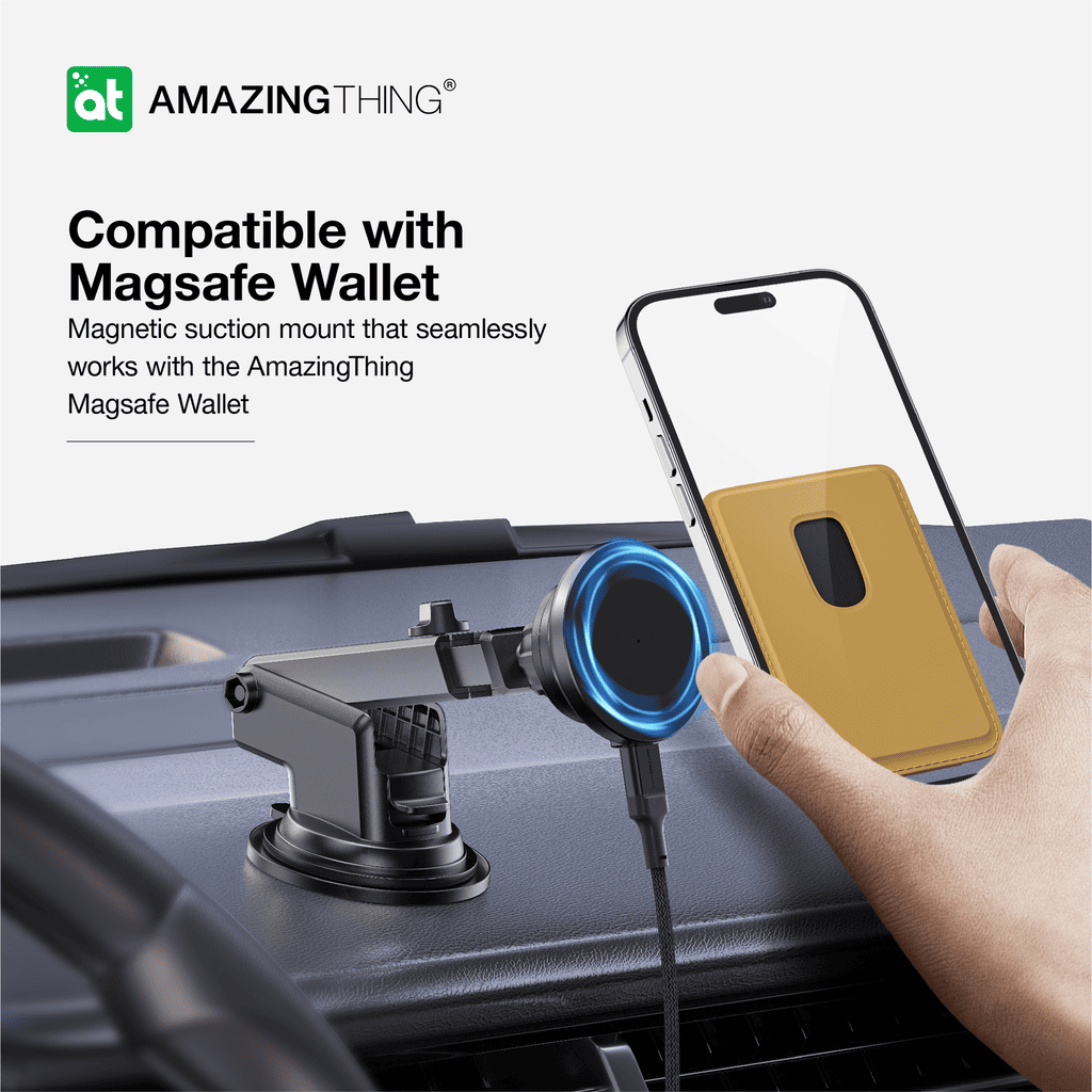 AmazingThing magnetic suction mount for phone with Magsafe wallet compatibility on a car dashboard.