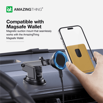AmazingThing magnetic suction mount for phone with Magsafe wallet compatibility on a car dashboard.
