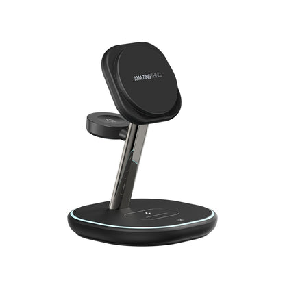A black 3-in-1 charging stand with a round base, designed for charging iPhone, Apple Watch, and AirPods. The stand has a metallic adjustable holder and a blue indicator light around the base.