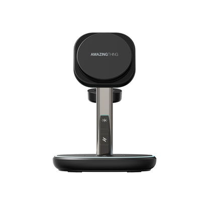 A black 3-in-1 charging stand with a round base, designed for charging iPhone, Apple Watch, and AirPods. The stand has a metallic adjustable holder and a blue indicator light around the base.