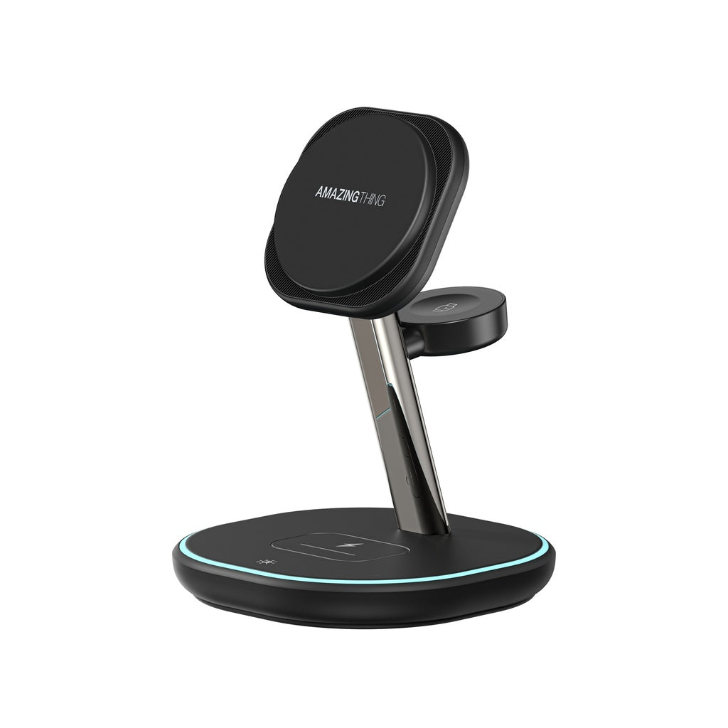 A black 3-in-1 charging stand with a round base, designed for charging iPhone, Apple Watch, and AirPods. The stand has a metallic adjustable holder and a blue indicator light around the base.