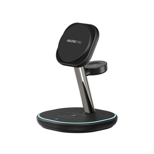 A black 3-in-1 charging stand with a round base, designed for charging iPhone, Apple Watch, and AirPods. The stand has a metallic adjustable holder and a blue indicator light around the base.
