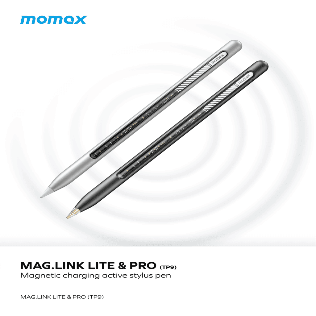 Two magnetic charging active stylus pens labeled 'Mag.Link Lite & Pro' on a white background with Momax branding.