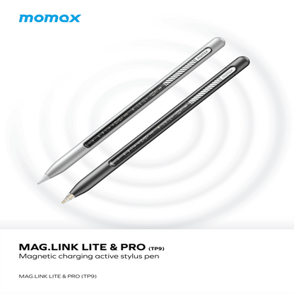 Two magnetic charging active stylus pens labeled 'Mag.Link Lite & Pro' on a white background with Momax branding.