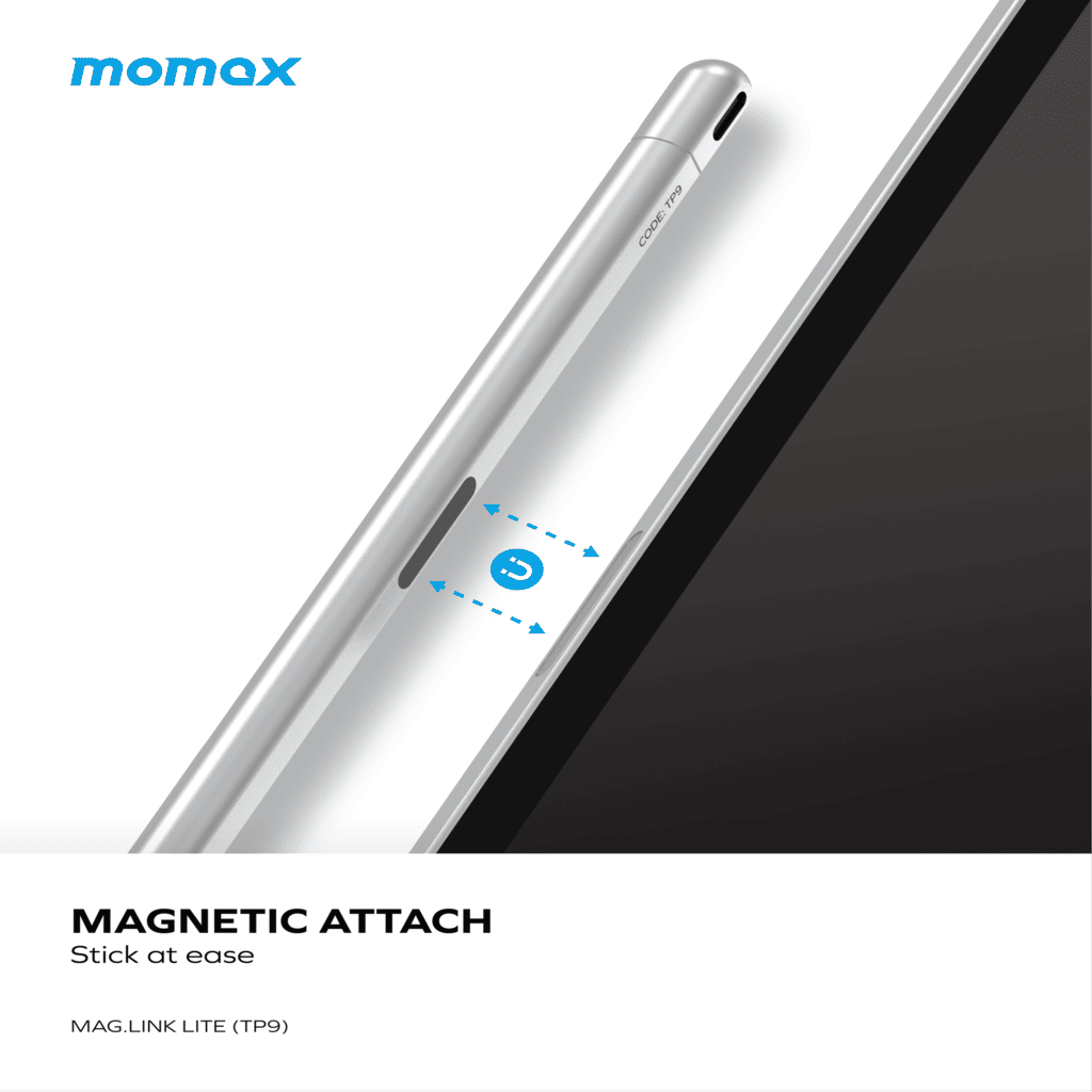 Silver phone case with magnetic attachment feature on a white background, featuring the Momax brand.
