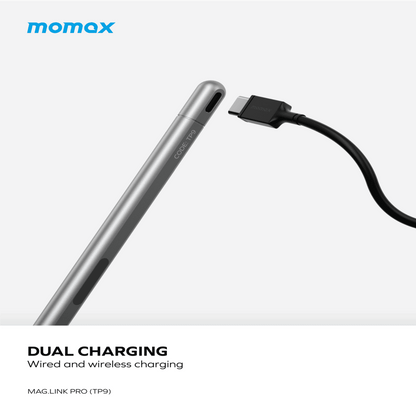 Momax dual charging cable with wired and wireless charging capabilities on a white background