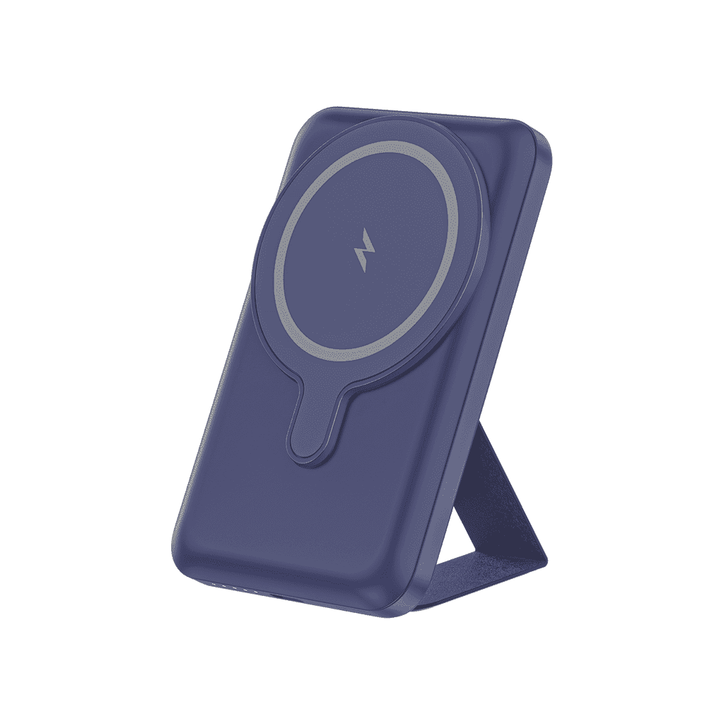 Navy blue phone stand with circular design on a white background