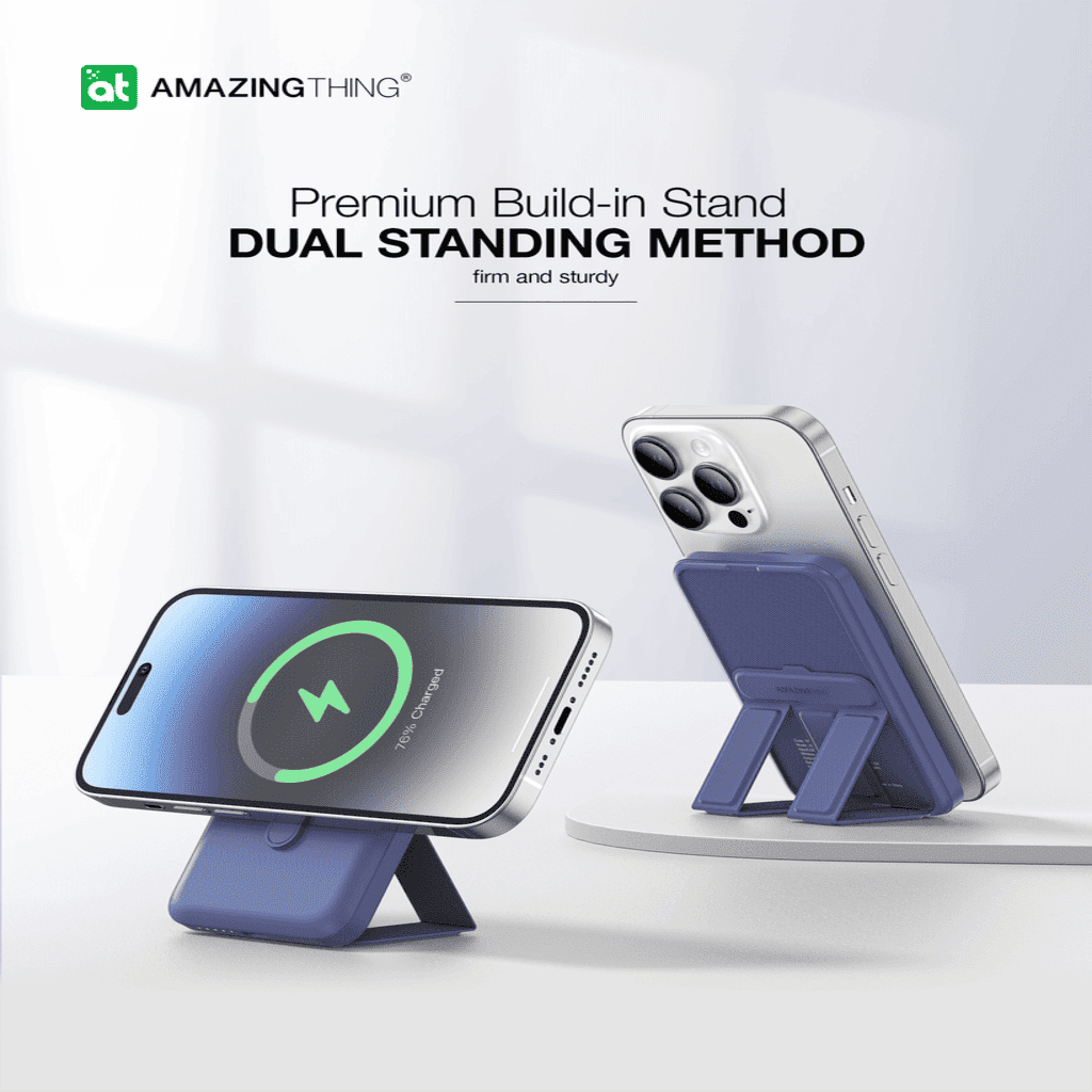Phone stand with dual standing method feature on a white background, featuring the Amazing Thing brand.