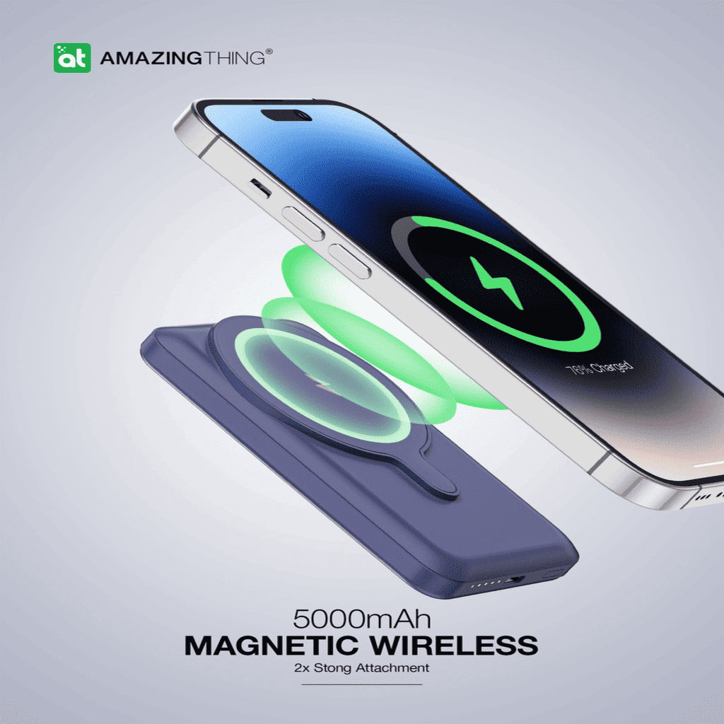 Smartphone with wireless charging case on a light gray background, featuring the brand 'Amazing Thing'.