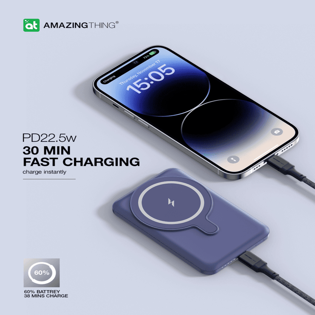 Phone charging on a wireless charger with 'Amazing Thing' branding and fast charging text.