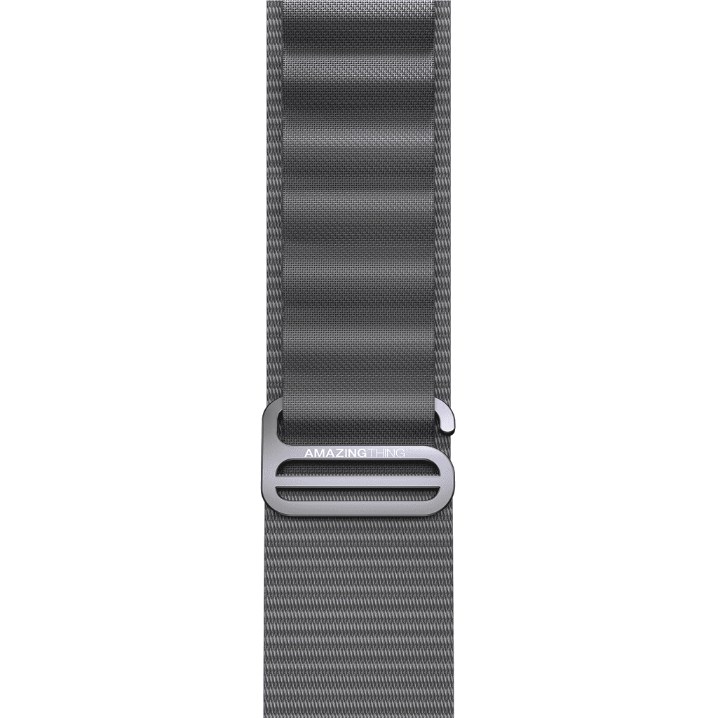 Gray watch strap with metal buckle on a white background