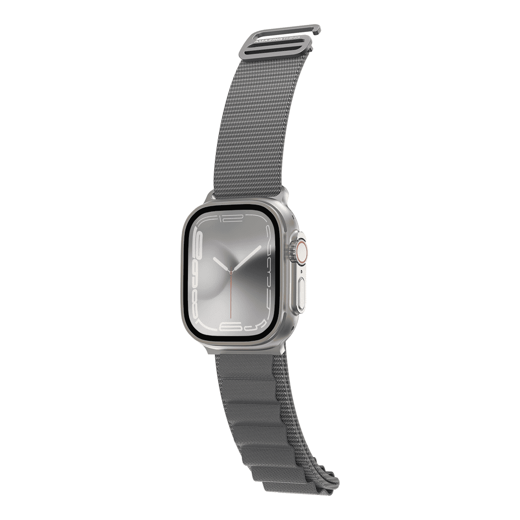 Smartwatch with a gray mesh band on a white background
