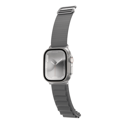 Smartwatch with a gray mesh band on a white background