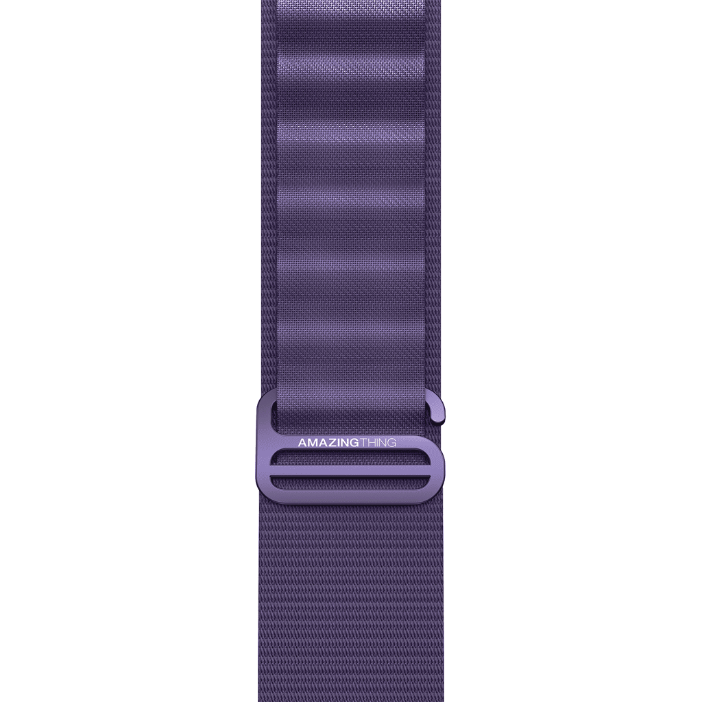 Purple watch strap with a metal buckle on a white background