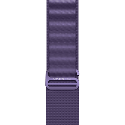 Purple watch strap with a metal buckle on a white background