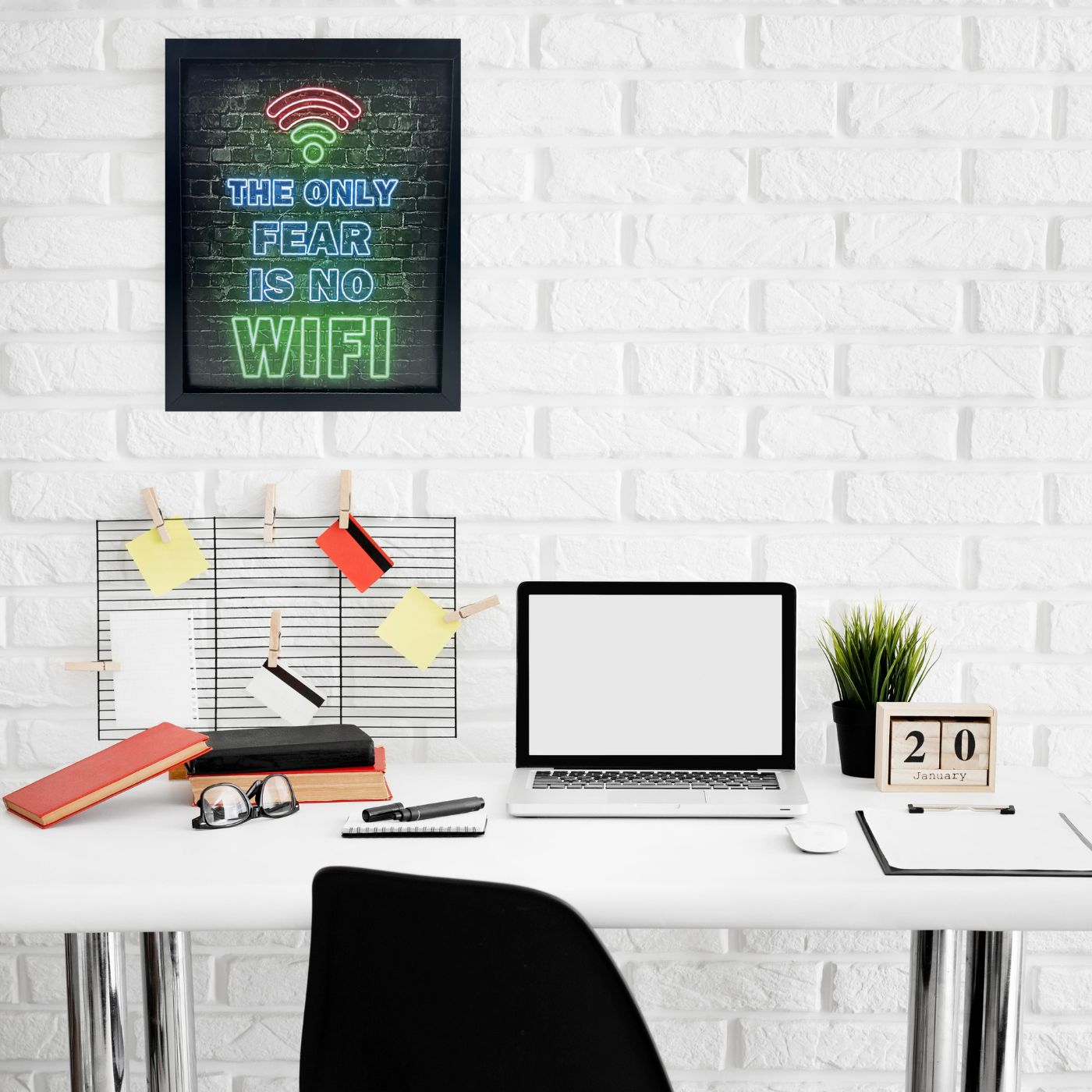 Vibrant Neon Game Wall Art with Frame - "The Only Fear is No WiFi"