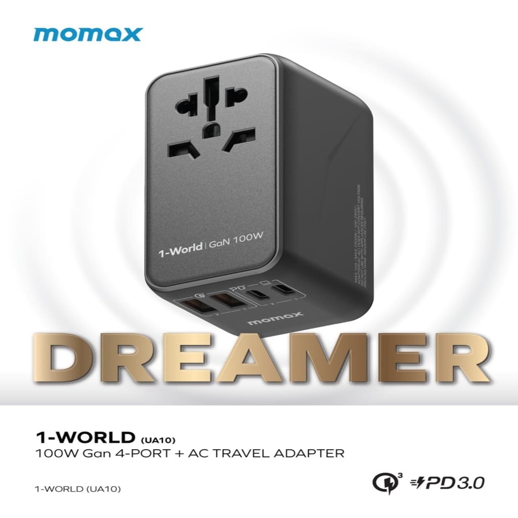 Momax travel adapter with multiple ports on a white background