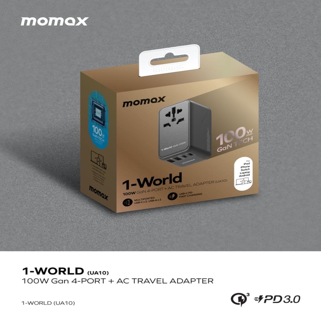 Momax 1-World 100W GaN 4-Port + AC Travel Adapter packaging on a gray background
