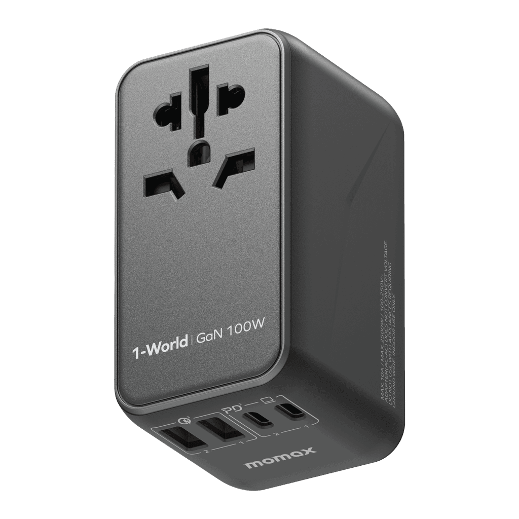 Black power adapter with multiple ports on a transparent background