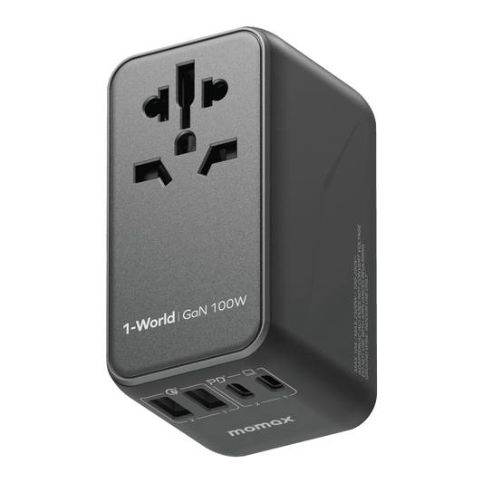 Black power adapter with multiple ports on a transparent background