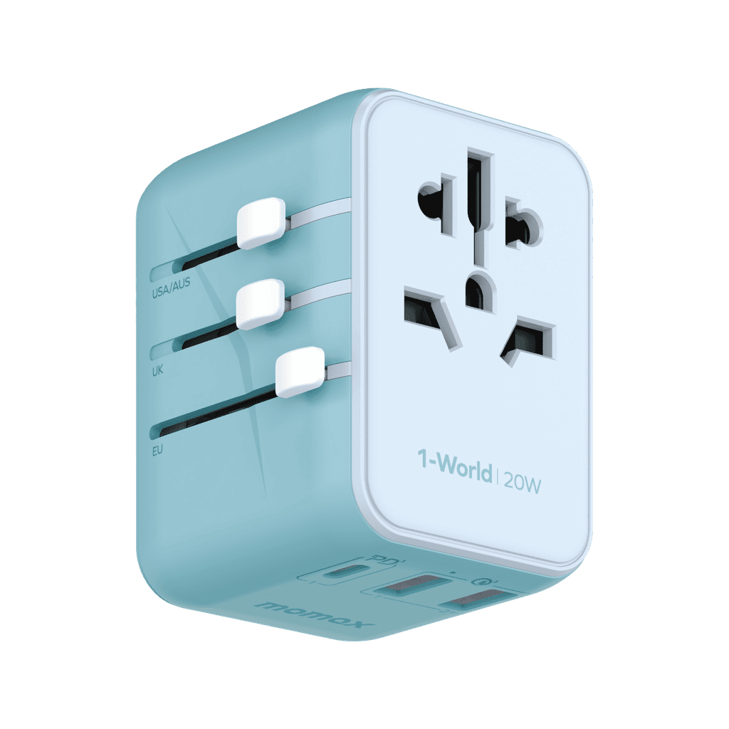 Light blue travel adapter with multiple sockets on a transparent background