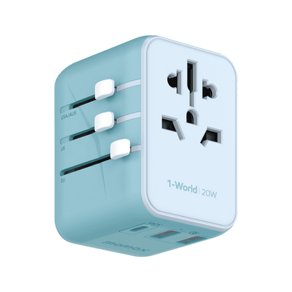 Light blue travel adapter with multiple sockets on a transparent background